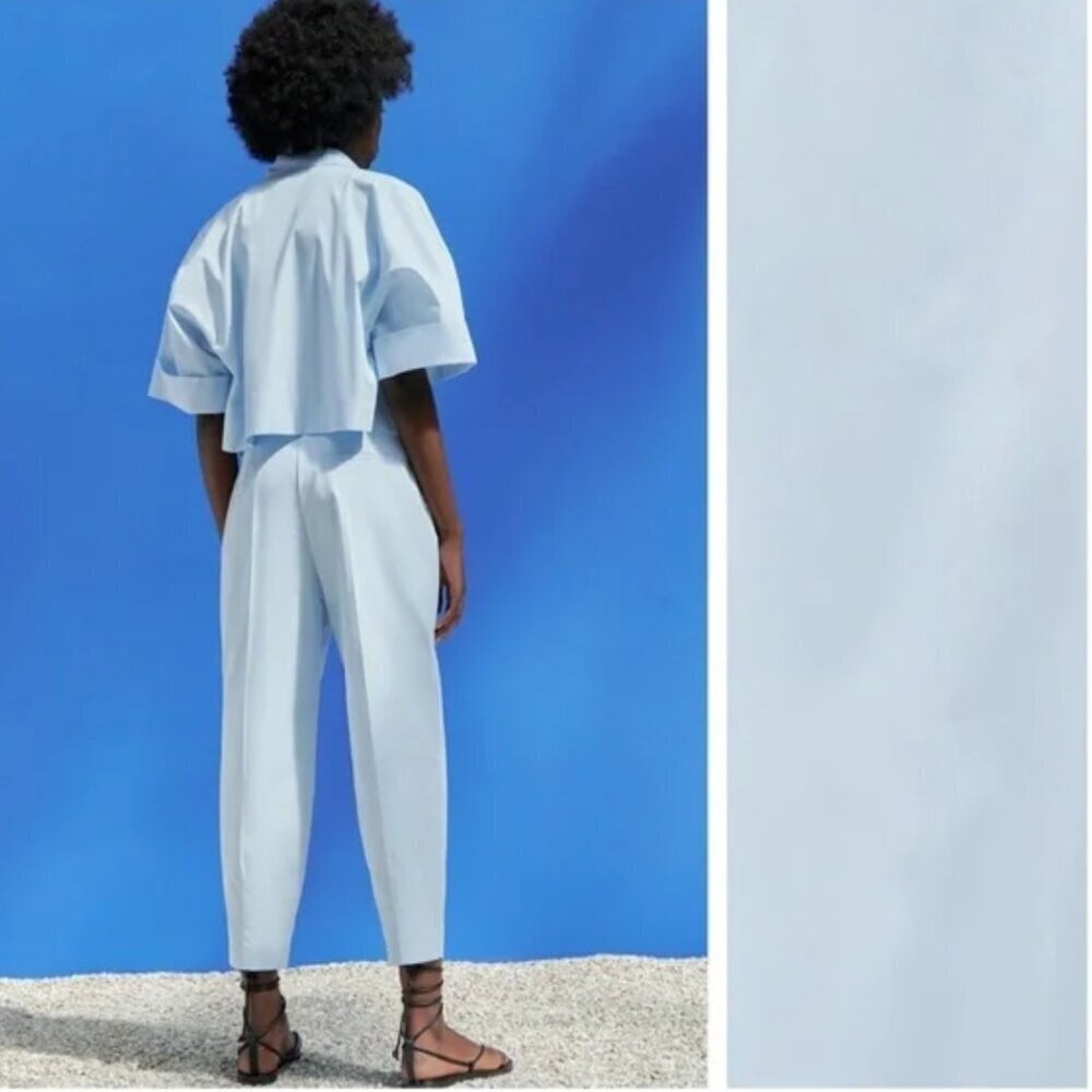 Zara Cotton Light Blue High-Waisted Slouchy Pants/Trousers. Size S NEW WITH TAG
